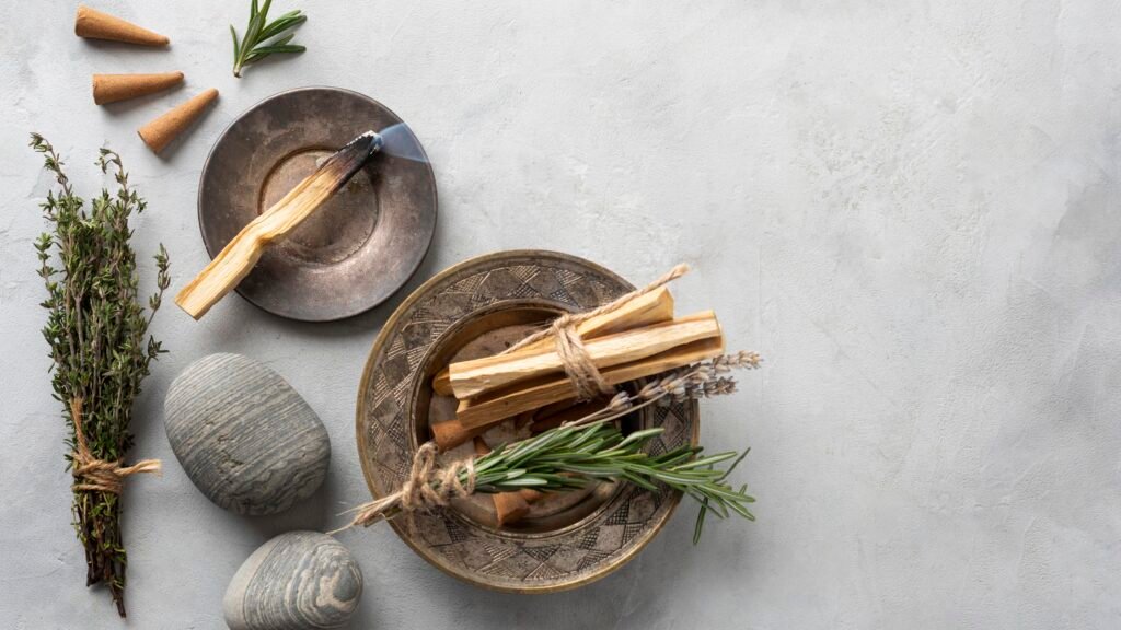 Différents outils de Sujok posé sur une table : graine, moxas, plantes