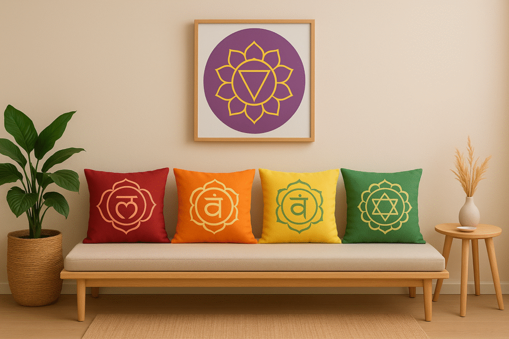 Salle d'attente du cabinet avec des coussins symbolisant les différents Chakras (IA)