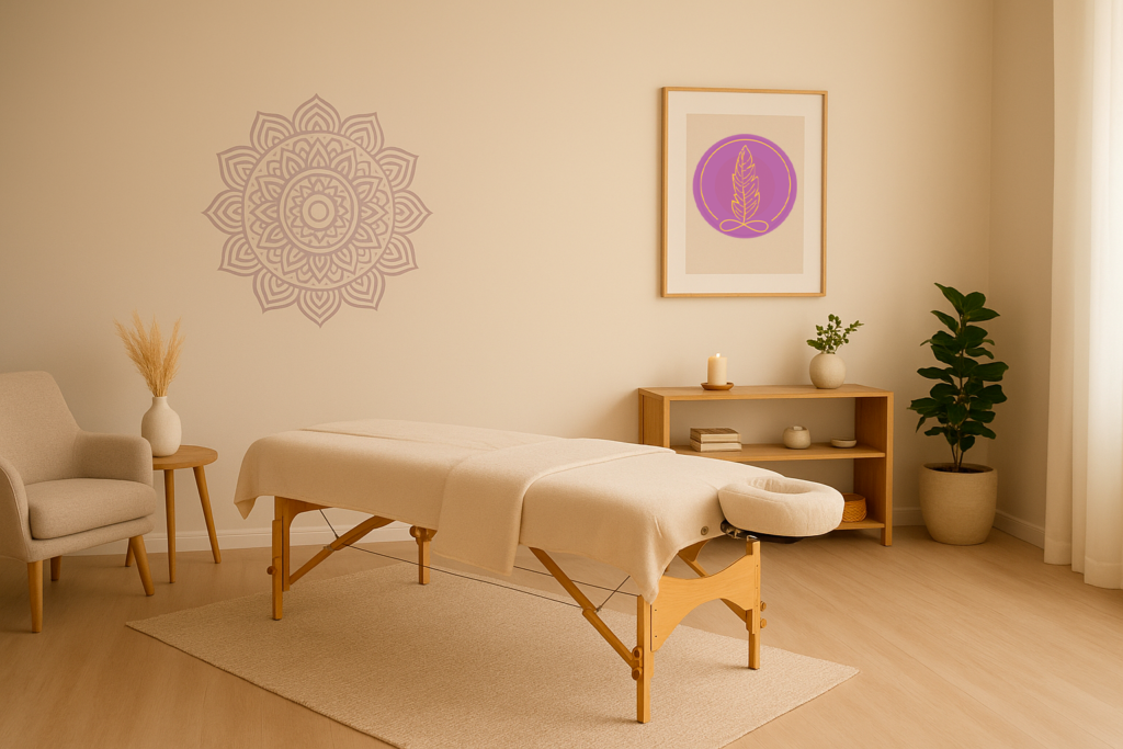 Salle de pratique avec une table de massage et un fauteuil à coté, logo d'Amorya accroché au mur (créer par l'IA)