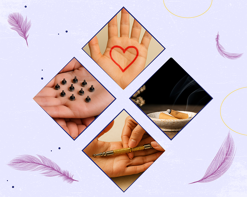 Mosaïque de 4 photos : moxa, thérapie royale, thérapie des couleurs, thérapie Point Aïe avec stylo acupuncture